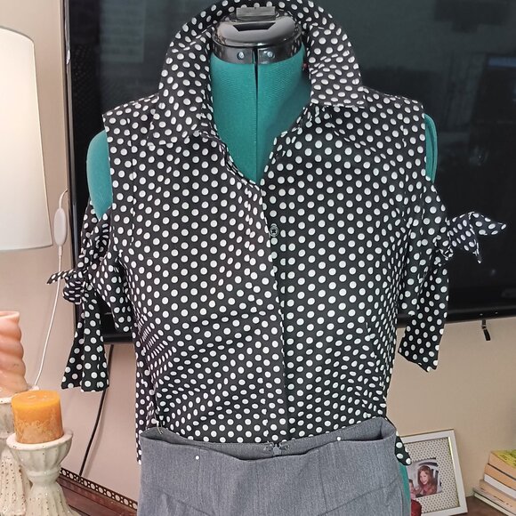 2 For $30 MILLY BLOUSE  S POLKA DOT COLD SHOULDER COTTON PARISIAN BLOUSE 8 - Picture 6 of 11